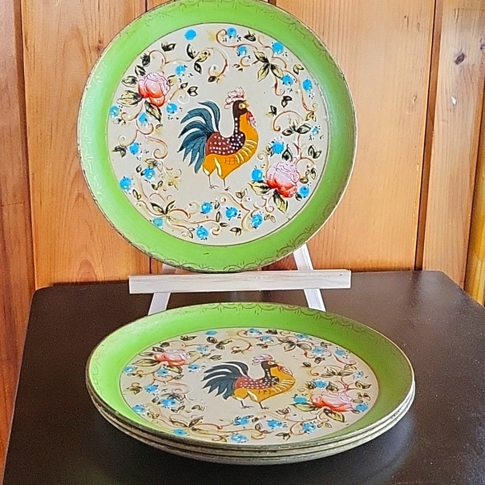 Vintage Hand Painted Paper Mache Barware Serving Tray Set